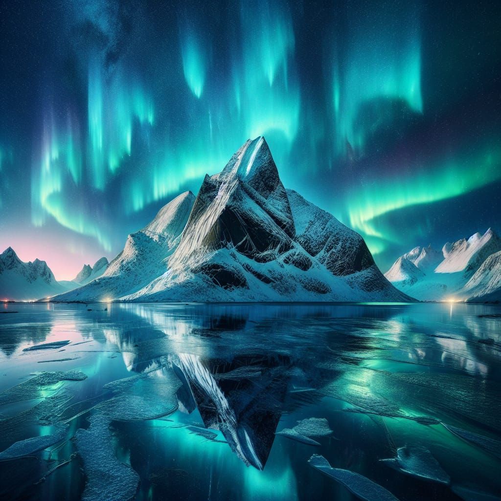 Aurora Borealis Reflecting on Snowy Mountain
