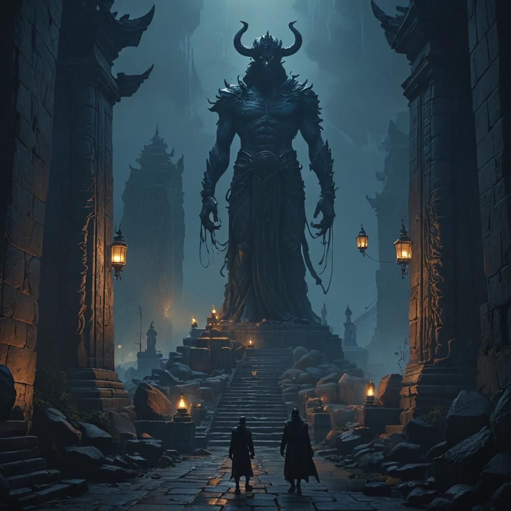Hades Statue in Dark Temple, Atmospheric Concept Art
