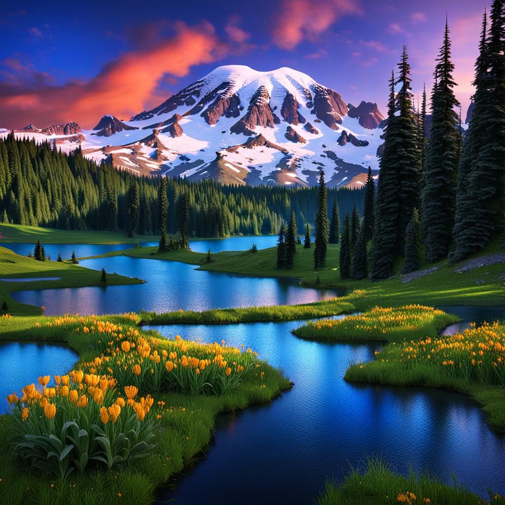 Mt. Rainier and Tipsoo Lake: Fantasy Matte Painting