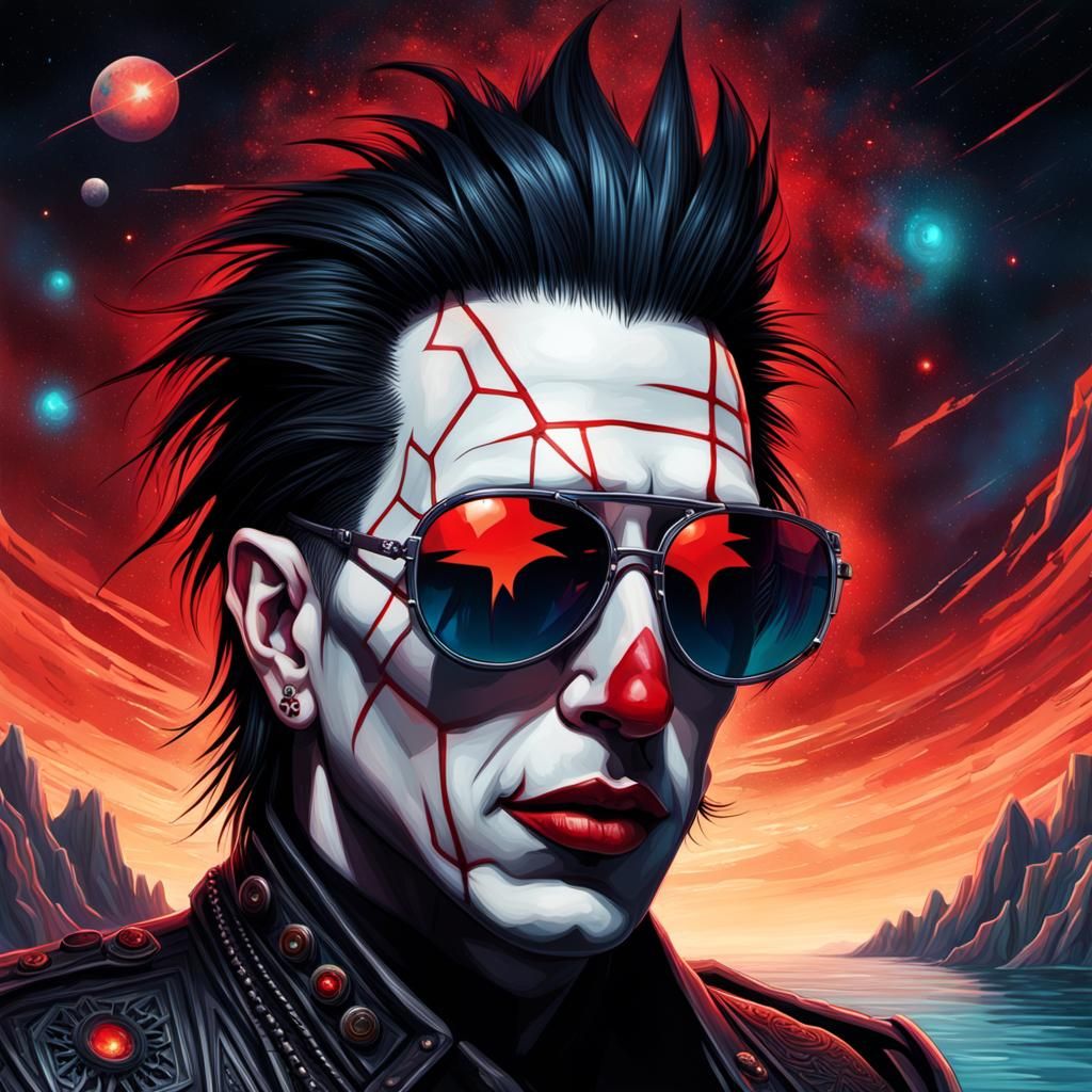 Cyberpunk Man with Cosmic Hair and Red Eyes