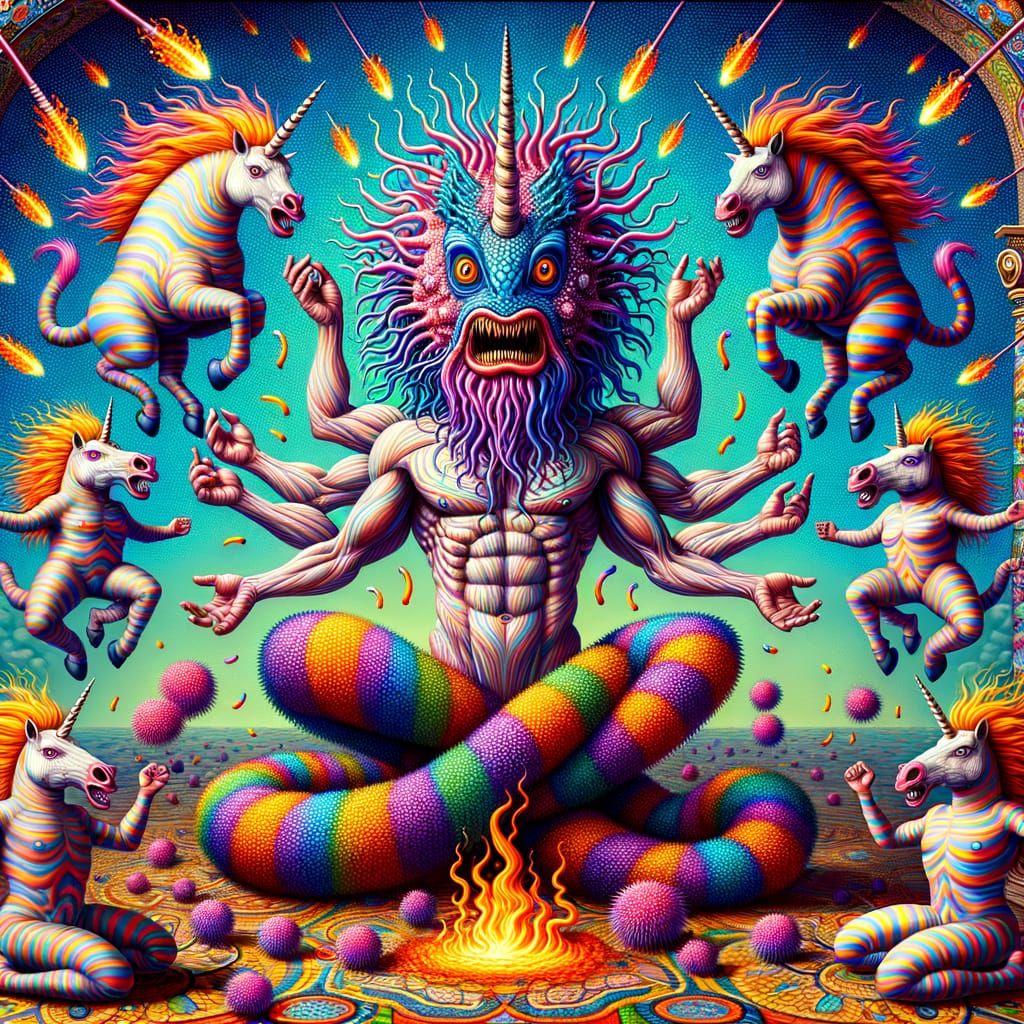 Psychedelic Dance of Unicorn-Humanoids Around Fish-Headed Gi...