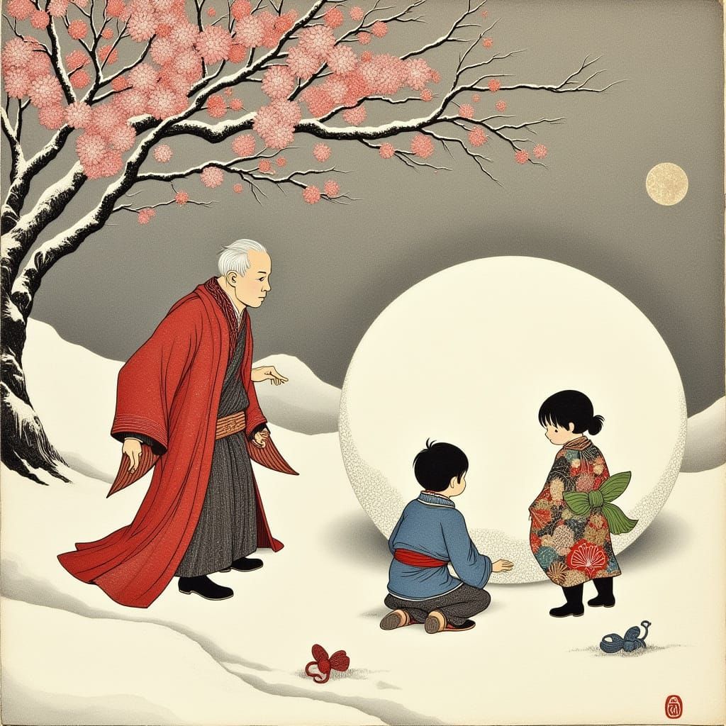 Japanese Woodblock Print: Snowy Day Scene