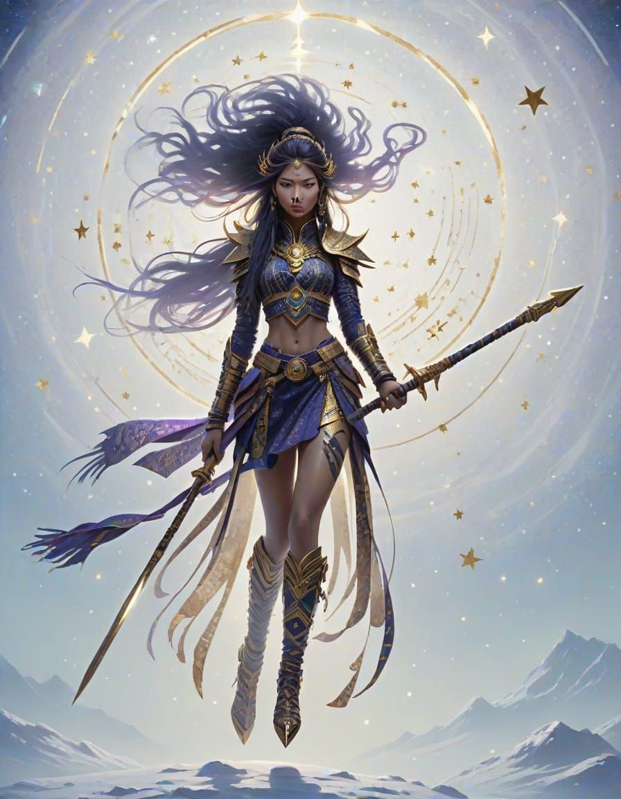 Fantasy Warrior Soars Through Celestial Realm in Golden Halo