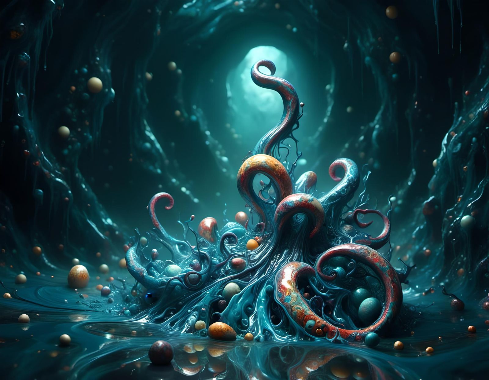 Eerie Vortex of Tentacles in Liquid Pour Painting Style
