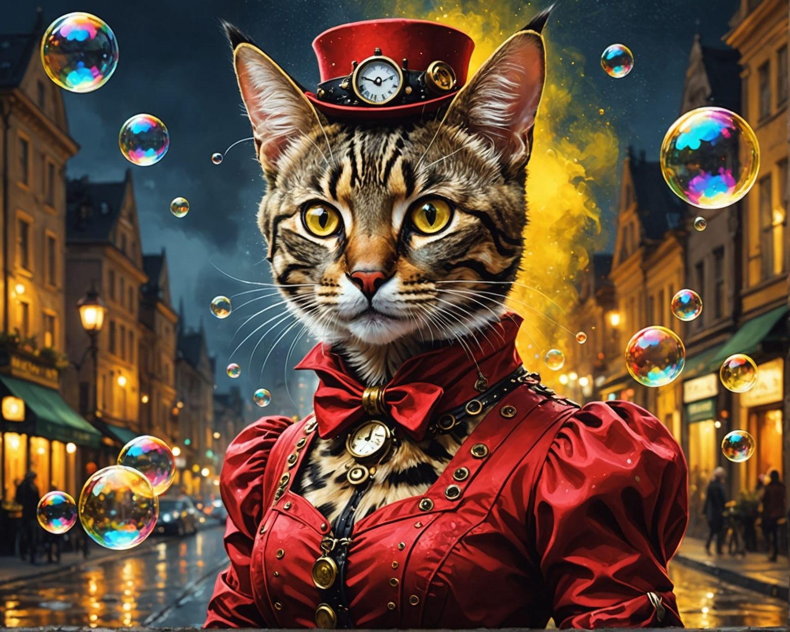 Steampunk Savannah Cat Blowing Bubbles in Cityscape
