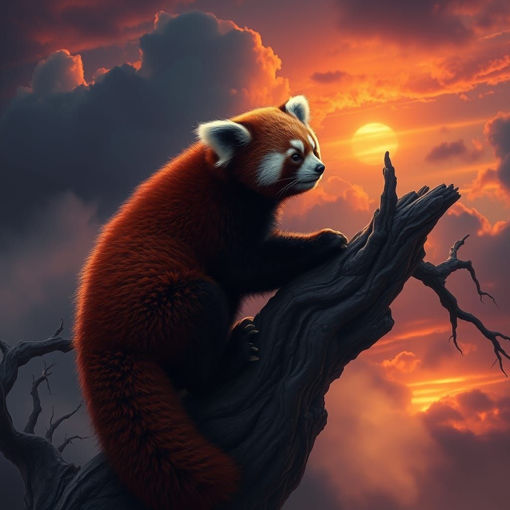 Majestic Red Panda Ascends Sunset Tree