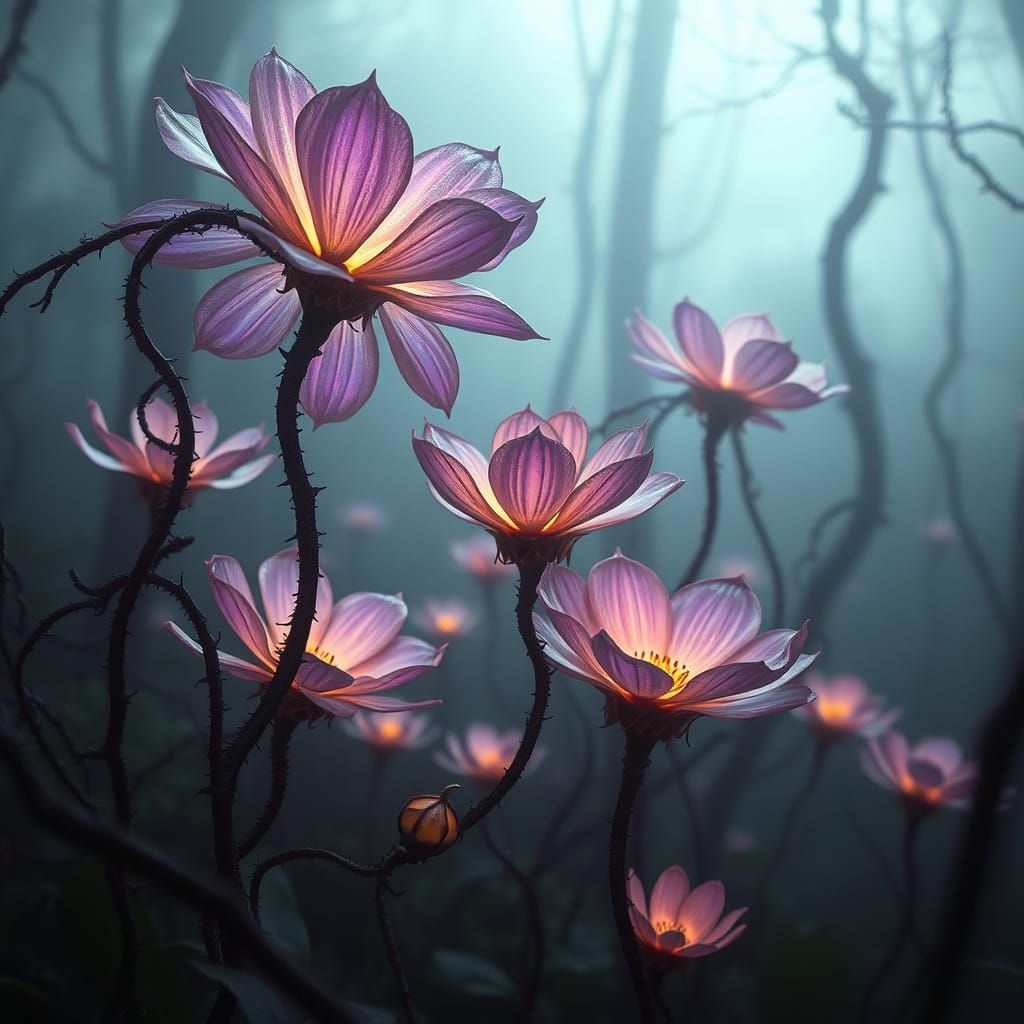 Mystical Glowing Flowers in Misty Ancient Forest