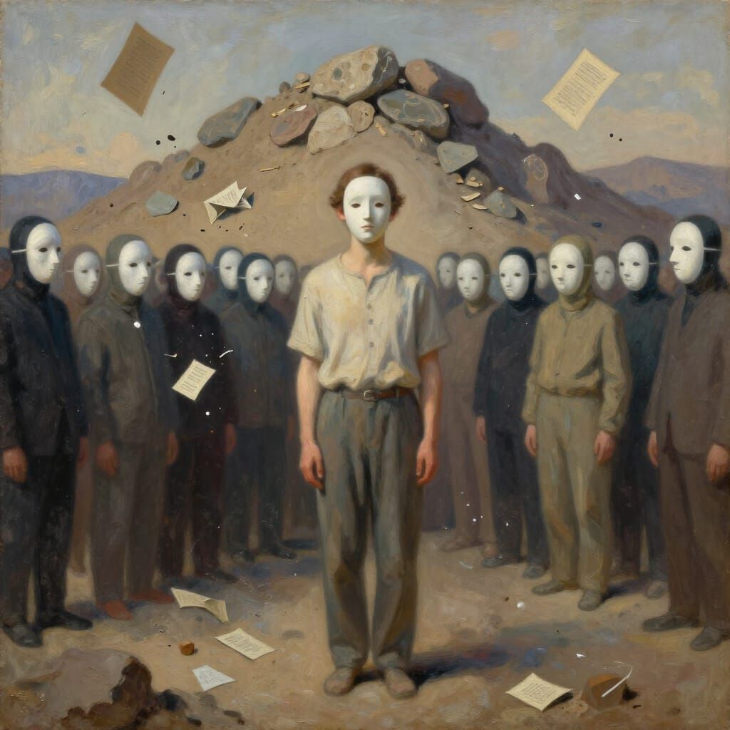 Figure Embracing Identity Amidst Chaos in Surrealist Style