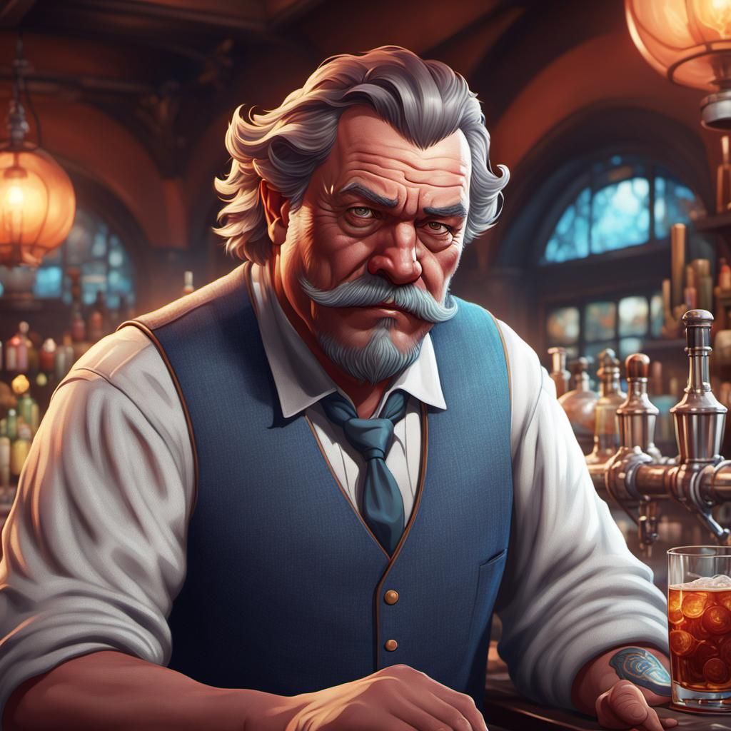 Detailed Portrait of a Bartender in Art Nouveau Style