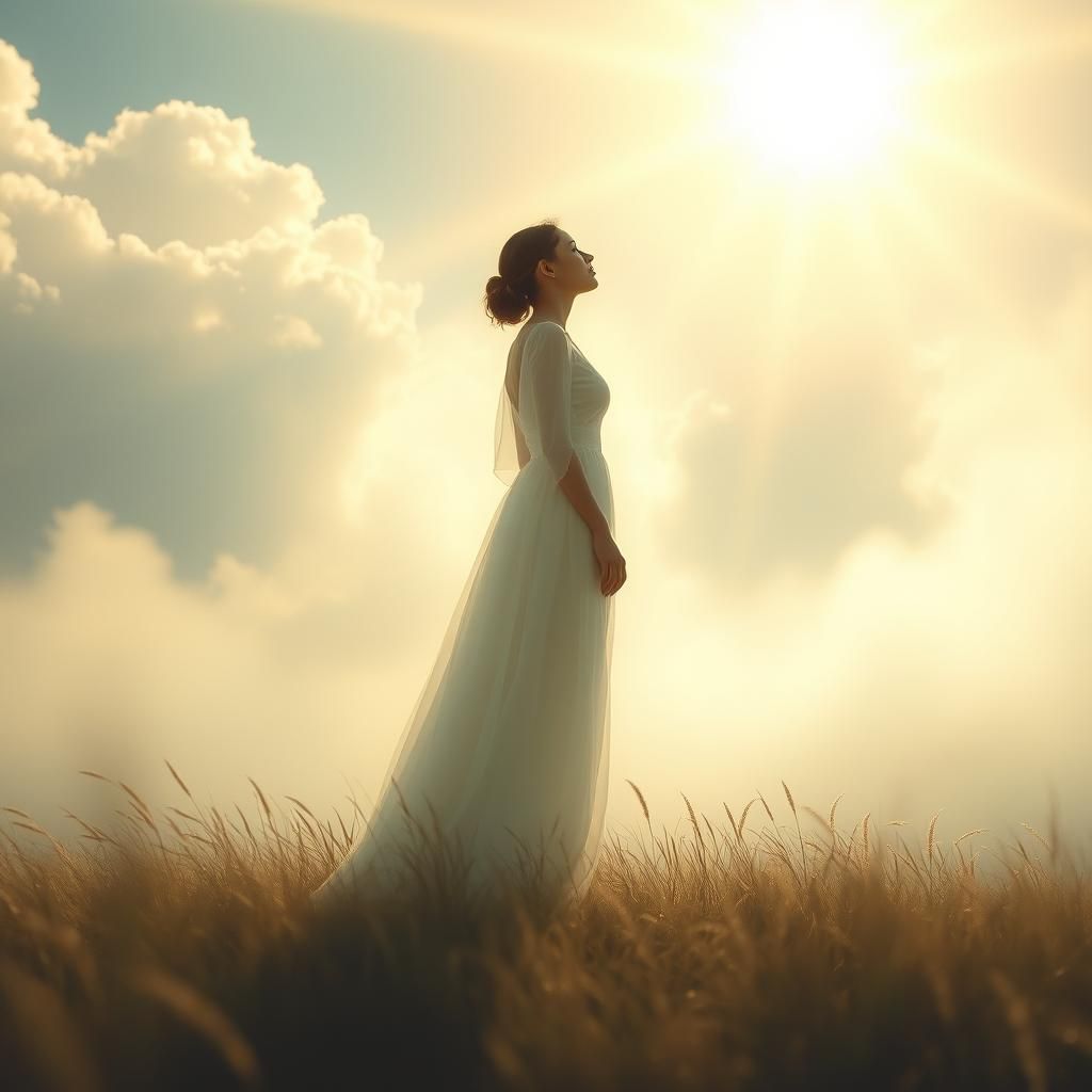 Ethereal Woman in Dreamlike Landscape with Soft Focus