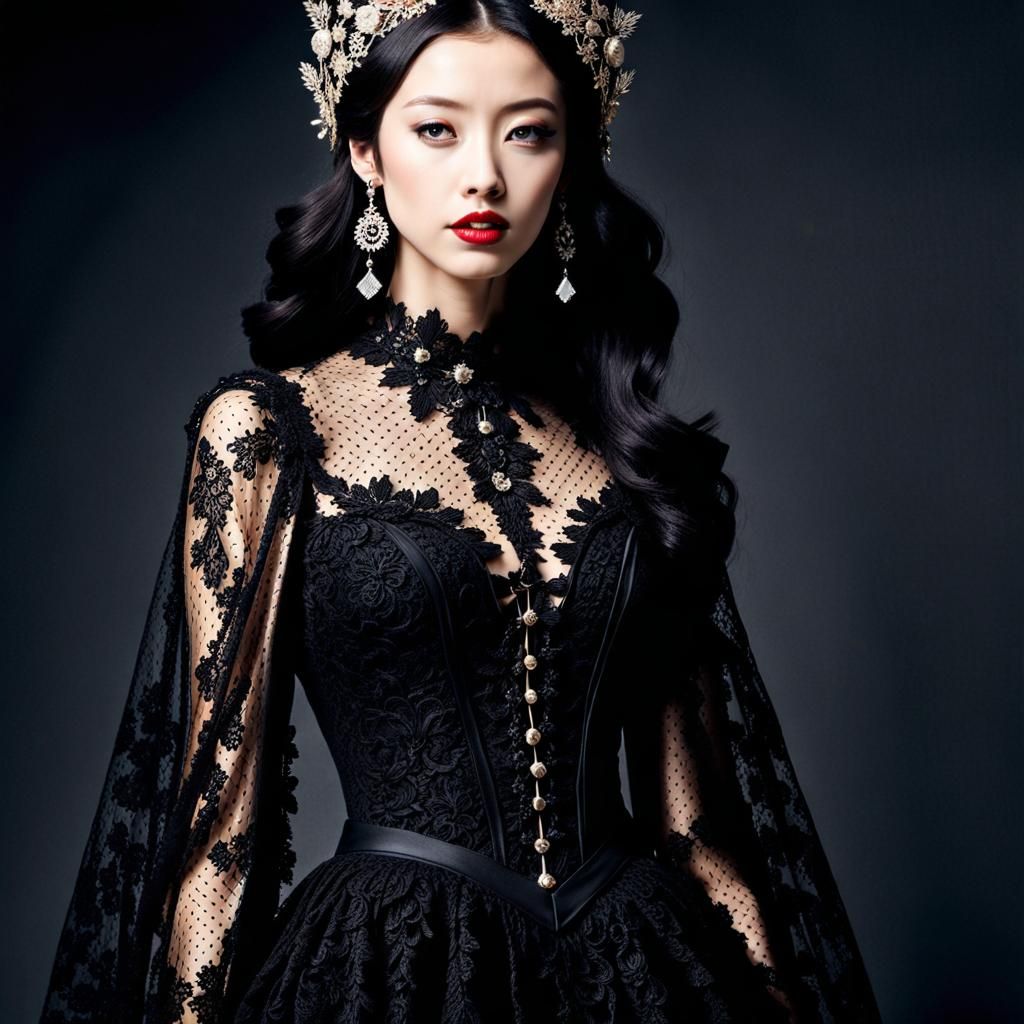 A woman wearing black lace dress
