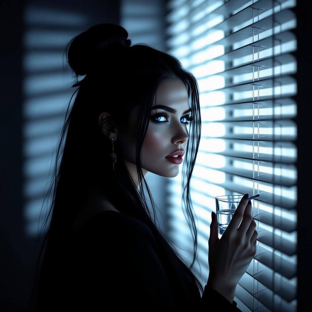 Melancholic Woman in Film Noir Style