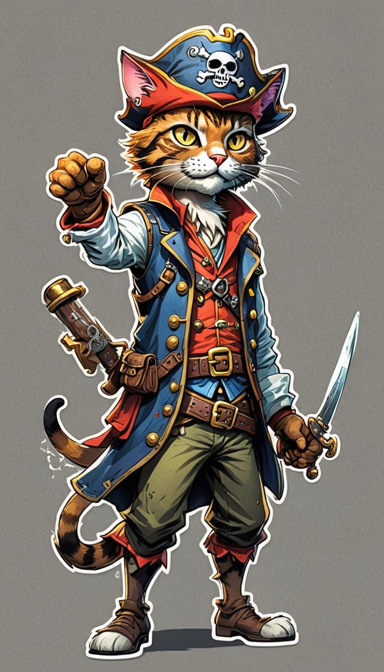 Cartoon Cat Pirate Sticker in Comic Book Style
