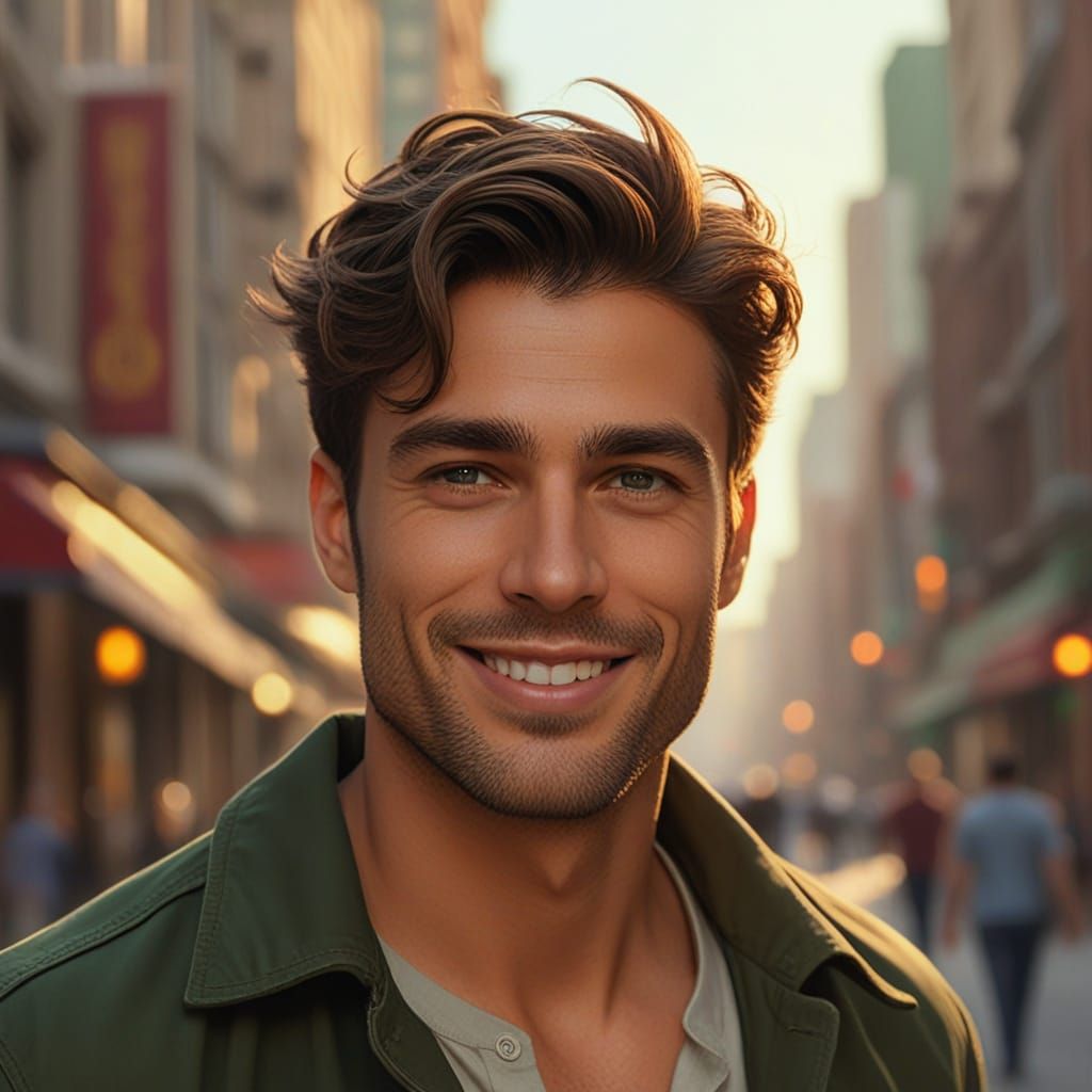 Handsome Hero in City Street Oil Painting