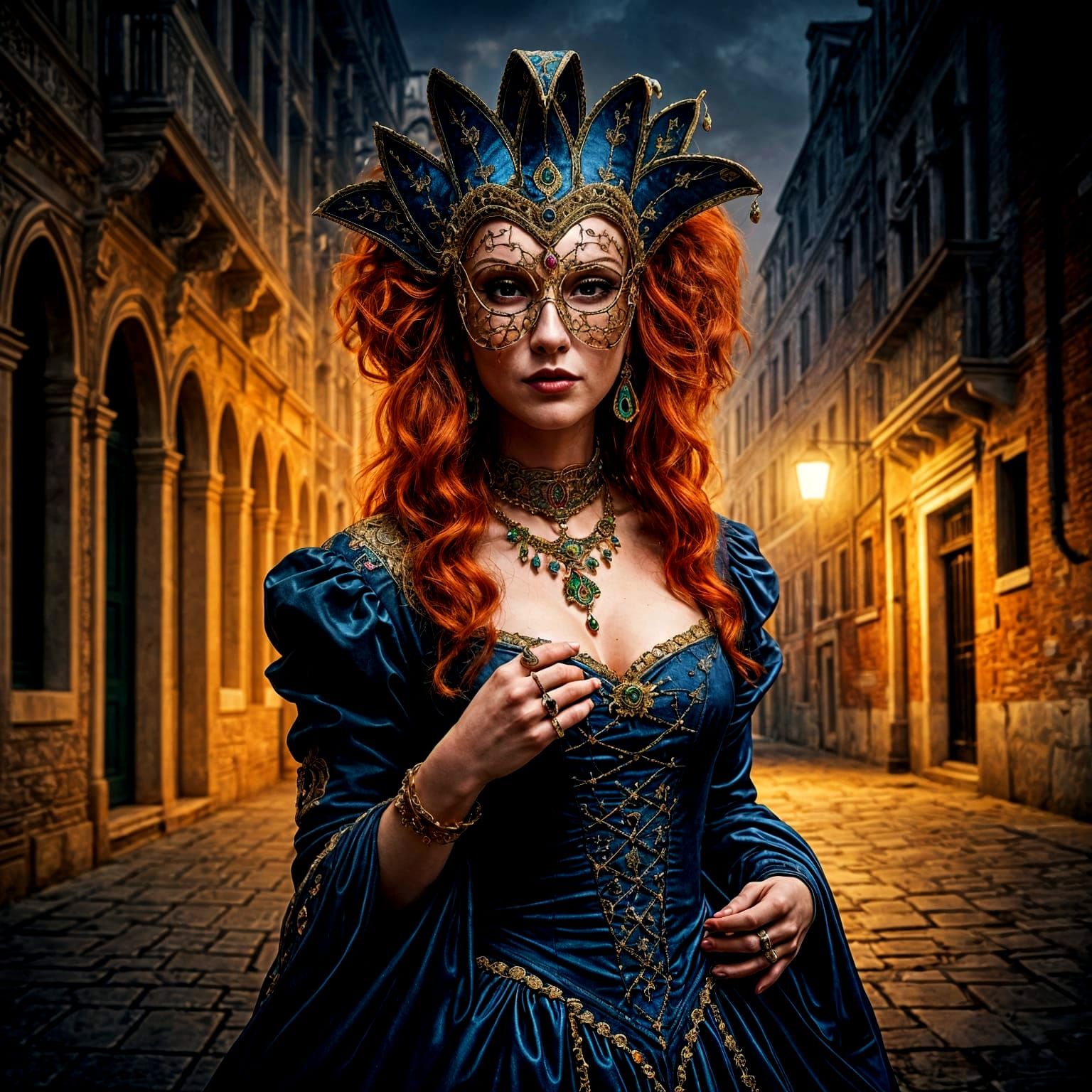 Venetian Carnival: Red-Haired Woman in Gothic Gown