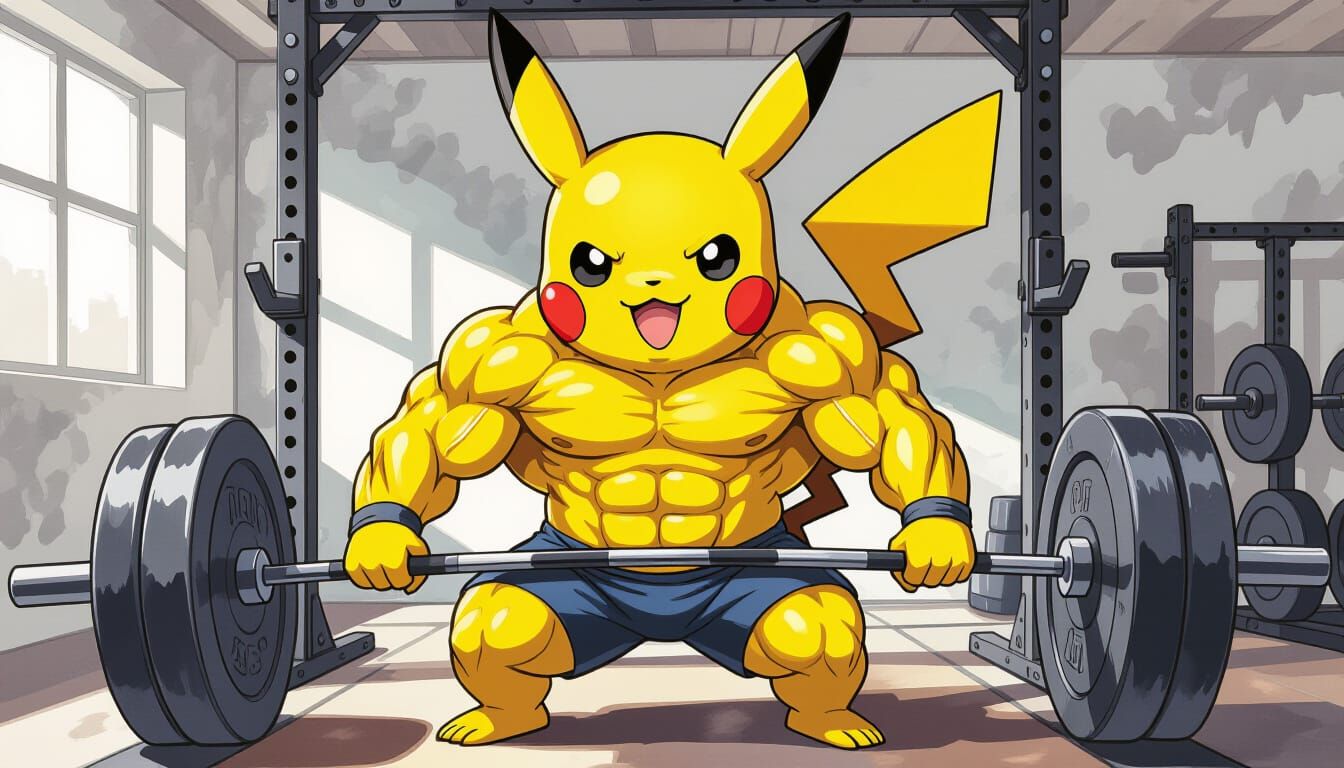 Pikachu Bodybuilder Gym Art in Ink and Watercolor