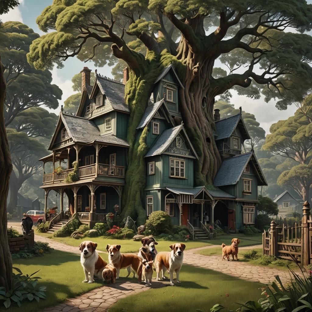 Realistic House with Dogs, Pond, and Truck