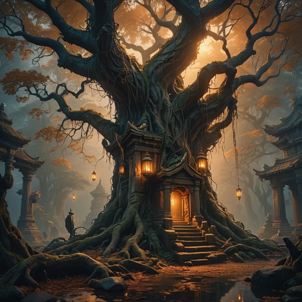 Mystical Lantern-Lit Temple on Ancient Tree Roots