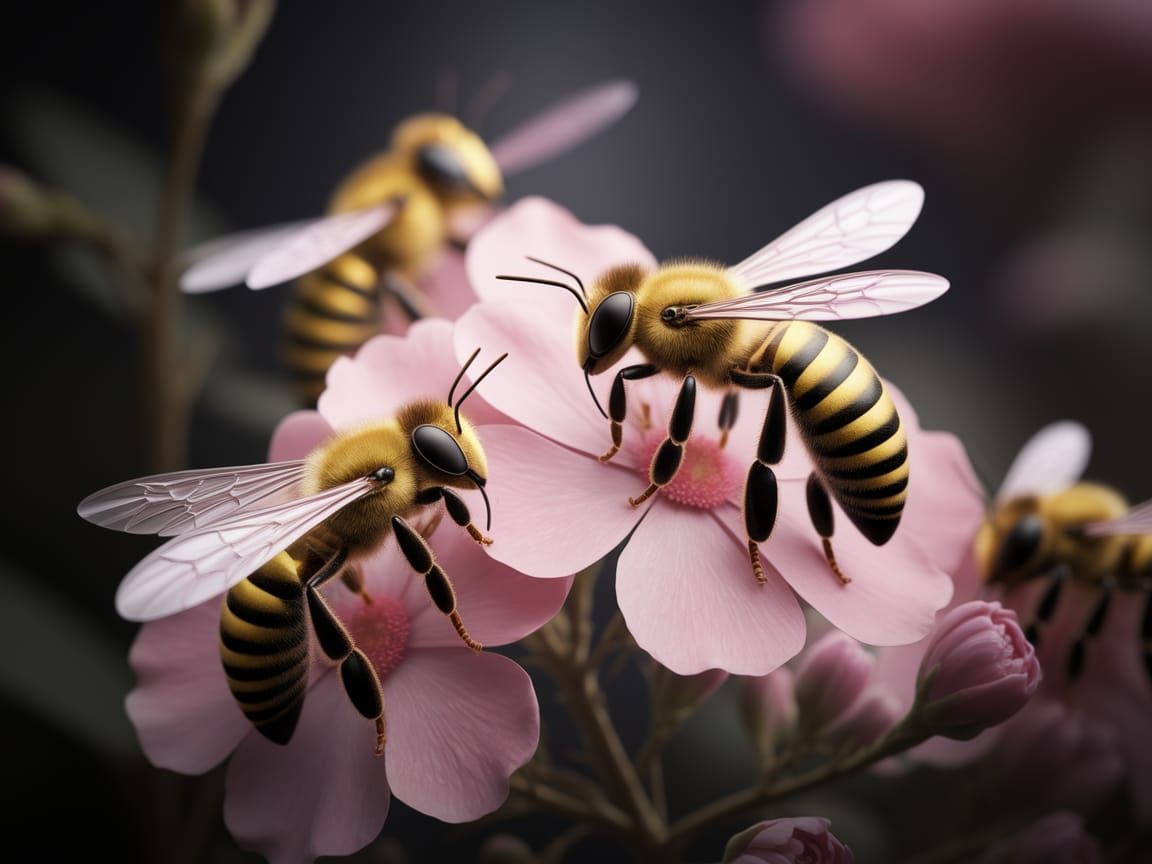 Golden Honey Bees on Delicate Pink Flowers