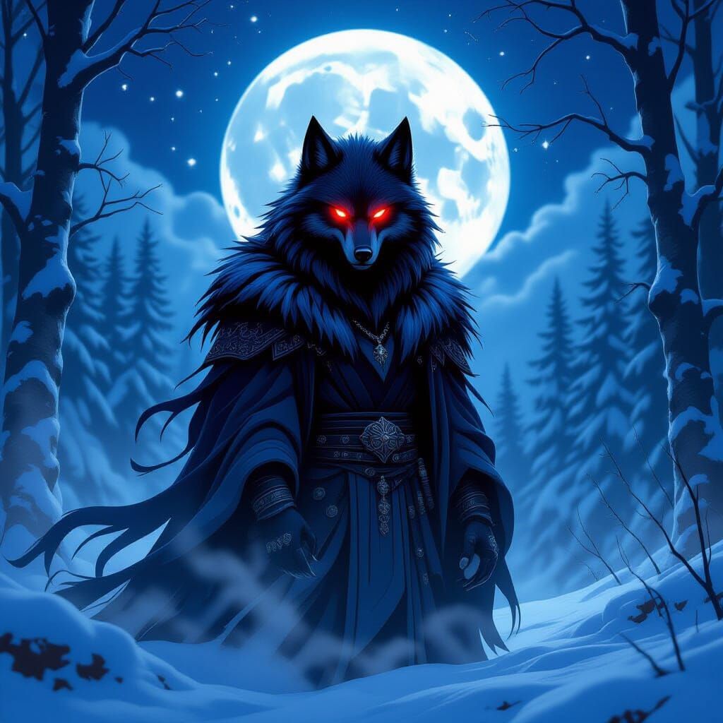 Wolf God Demon in Winter Forest, Dark Fantasy Art