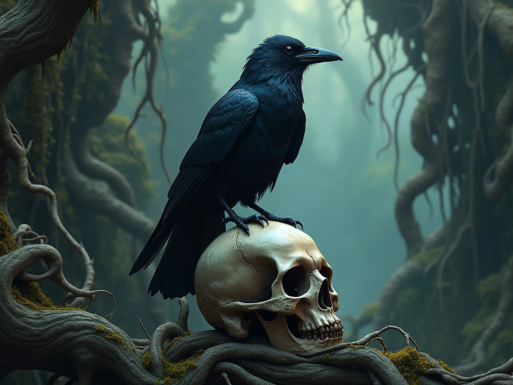 Raven Perched on Skull in Gothic Setting