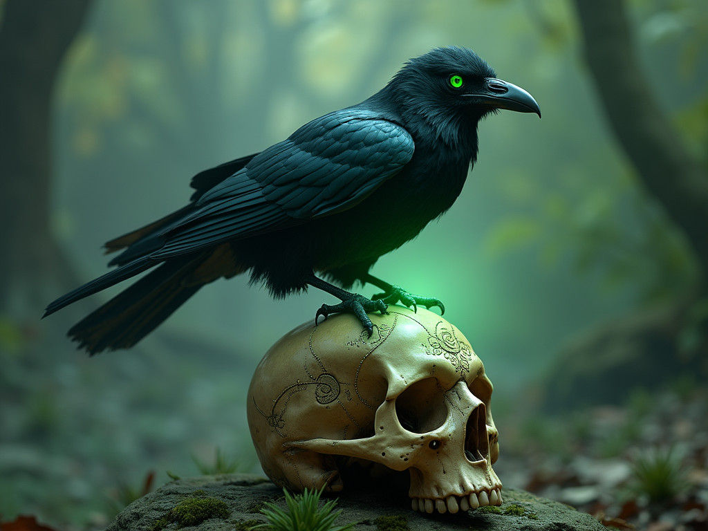 Raven Perched on Skull in Mystical Setting