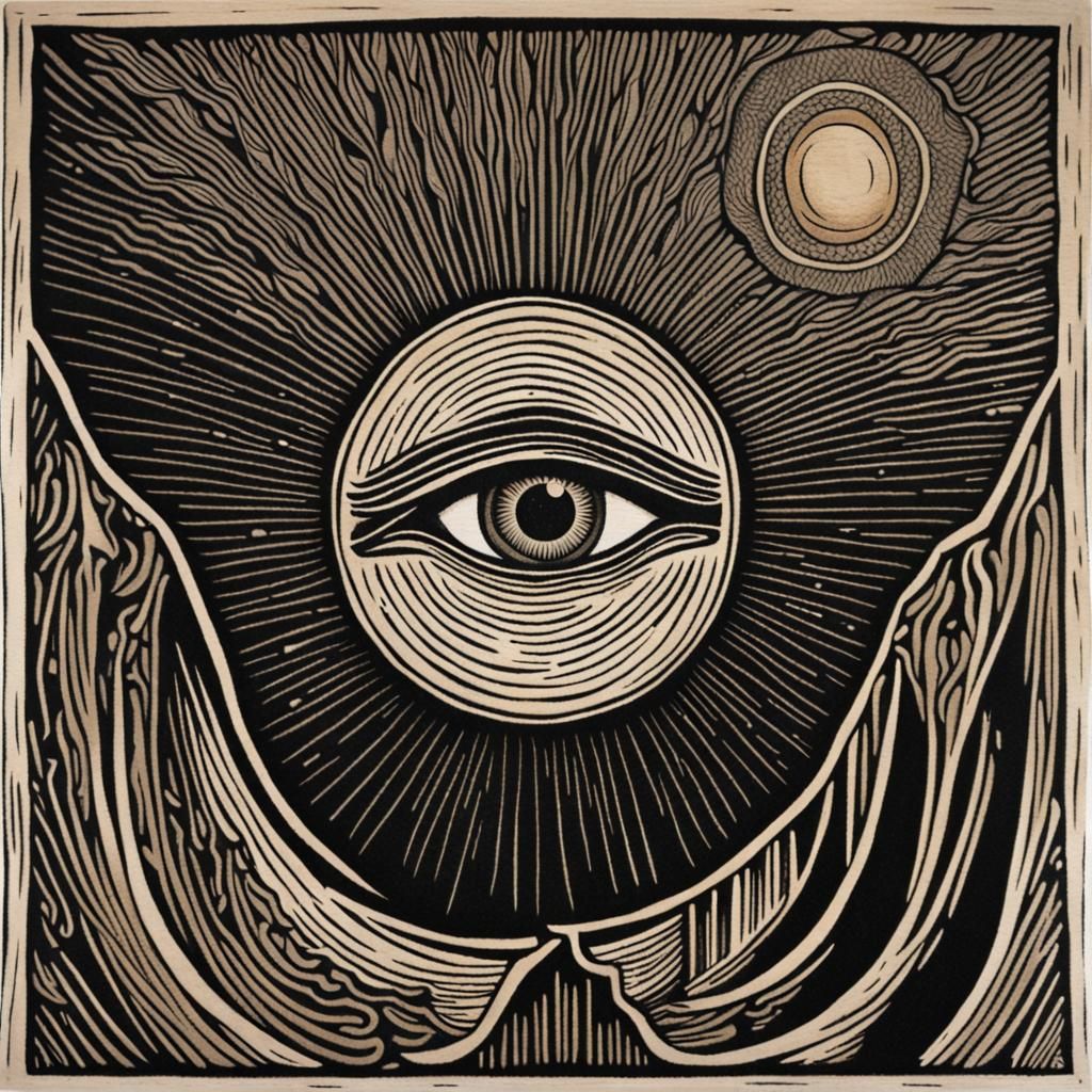 Weeping Eye in Sky, Woodcut Acrylic Style