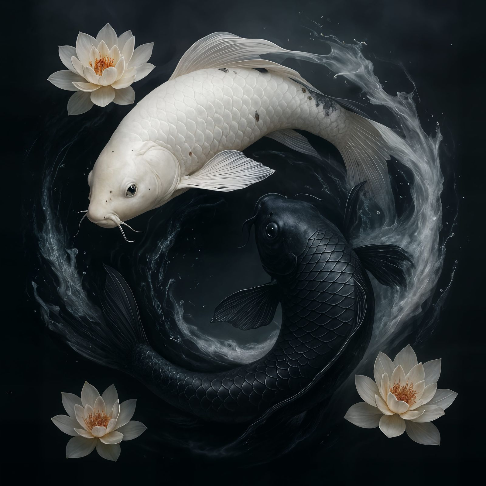 Yin-Yang Koi Fish in 3D Photorealistic Style