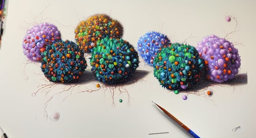 Fractal Pompoms in Gouache and Oil Painting