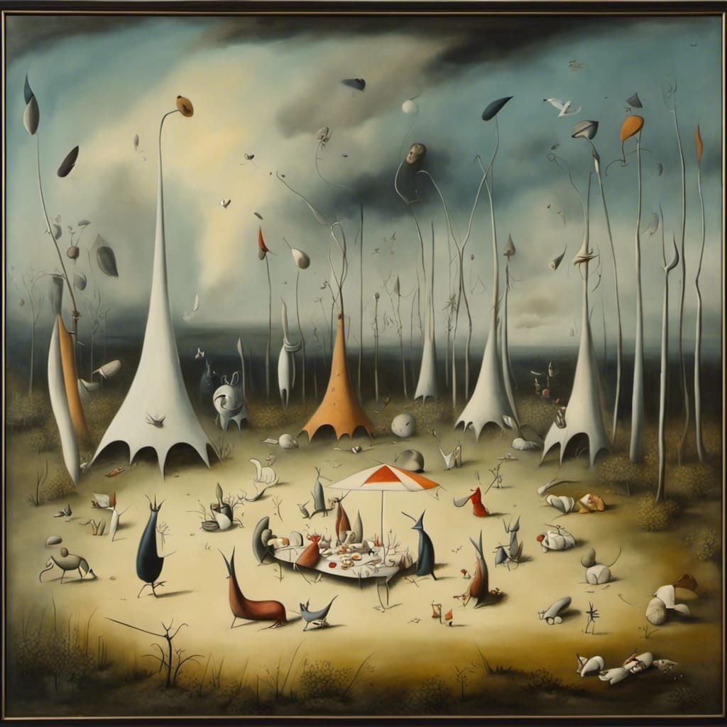 Surreal Picnic Under Overcast Sky, Yves Tanguy Style