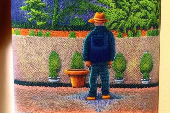 Pointillist Handyman in Orange and Indigo Hues