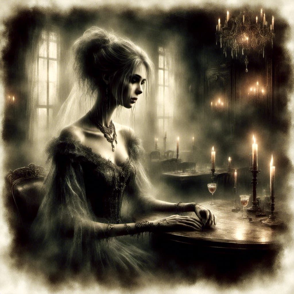 Ghostly Woman Serves Drinks in Saloon Illustration