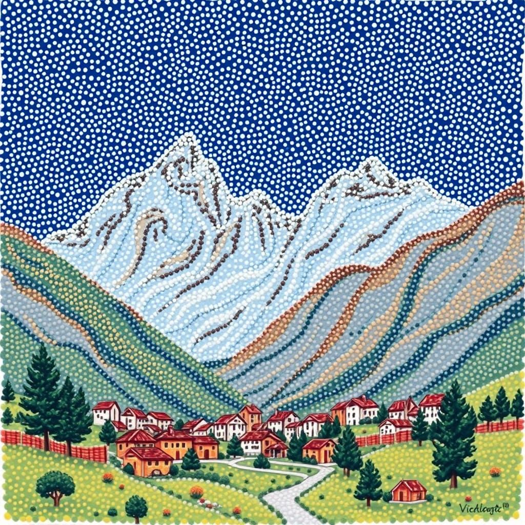 Pointillist Village Beneath Majestic Mountains