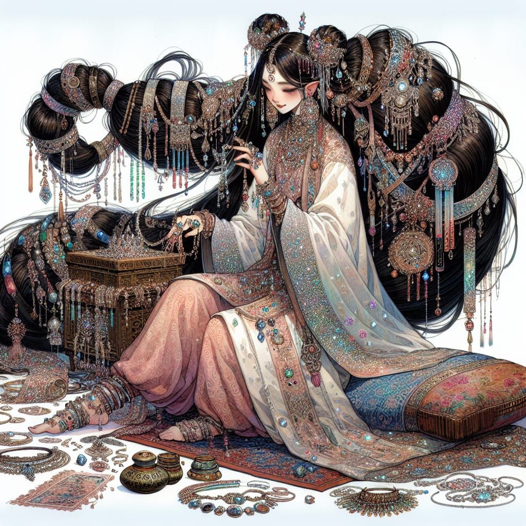 Exotic Fantasy Beauty in Vibrant Jewelry and Intricate Braid...