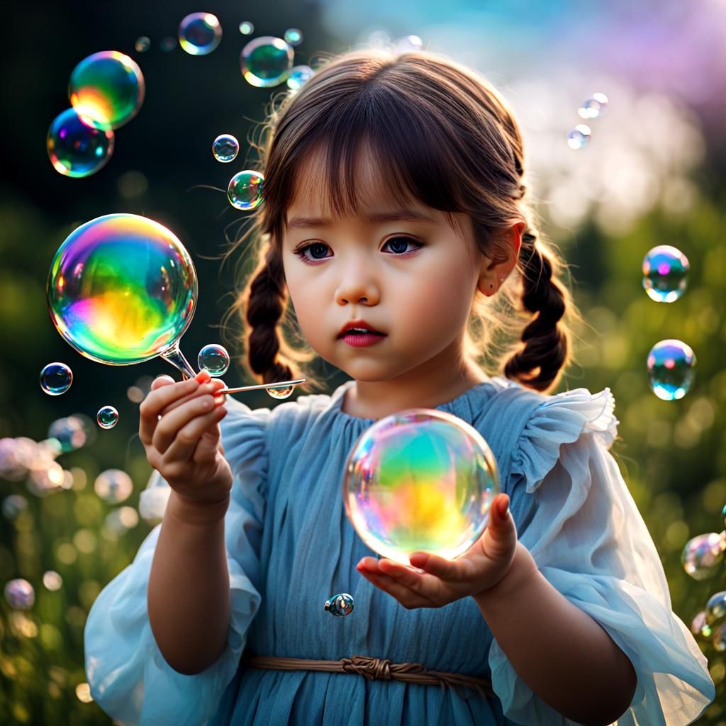 Girl with Iridescent Soap Bubbles in Vivid Color
