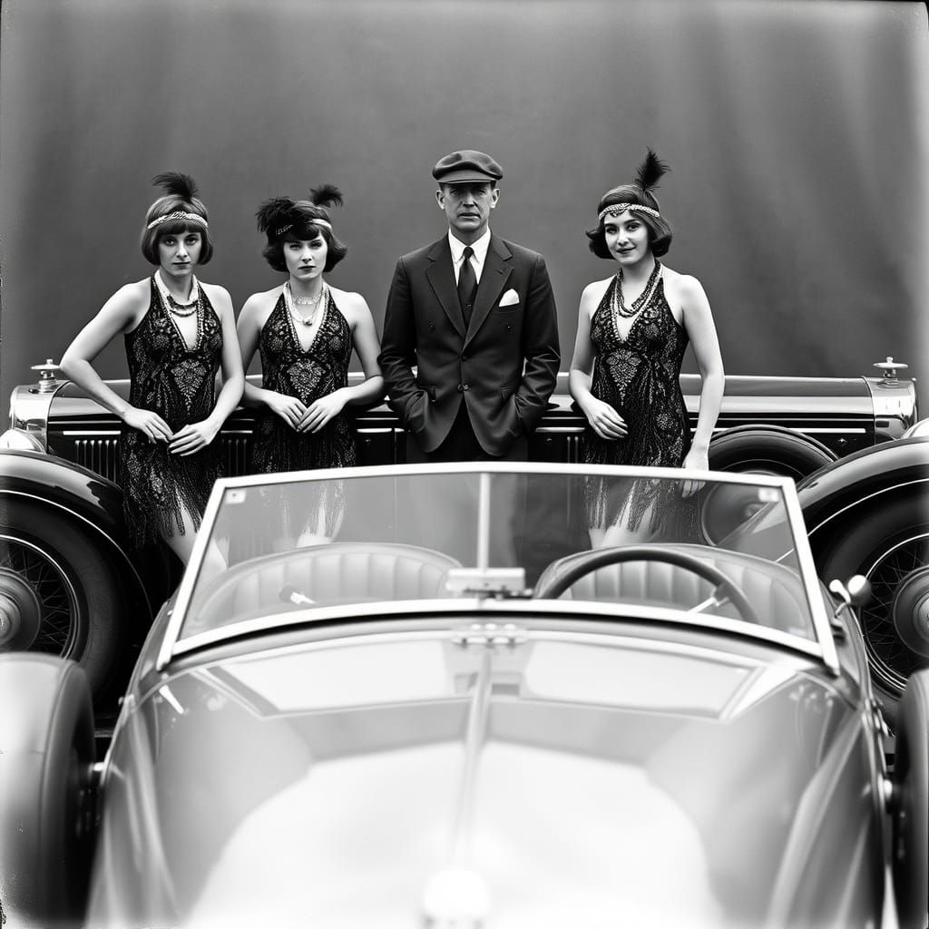 Glamorous Roaring Twenties Scene with Flapper Women and Vint...