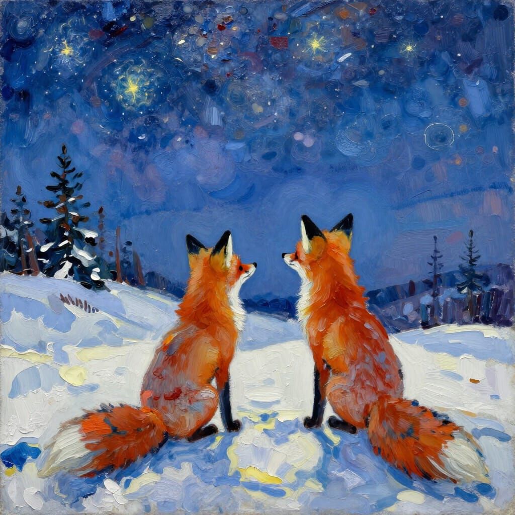 Fox Couple Watches Stars on Snowy Hill in Watercolor