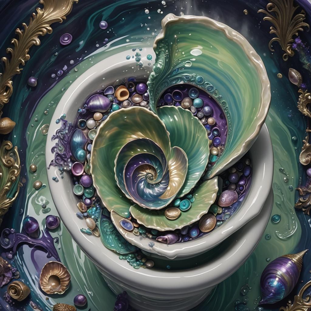 Ornate Shells Dance Above Iridescent Toilet Vortex