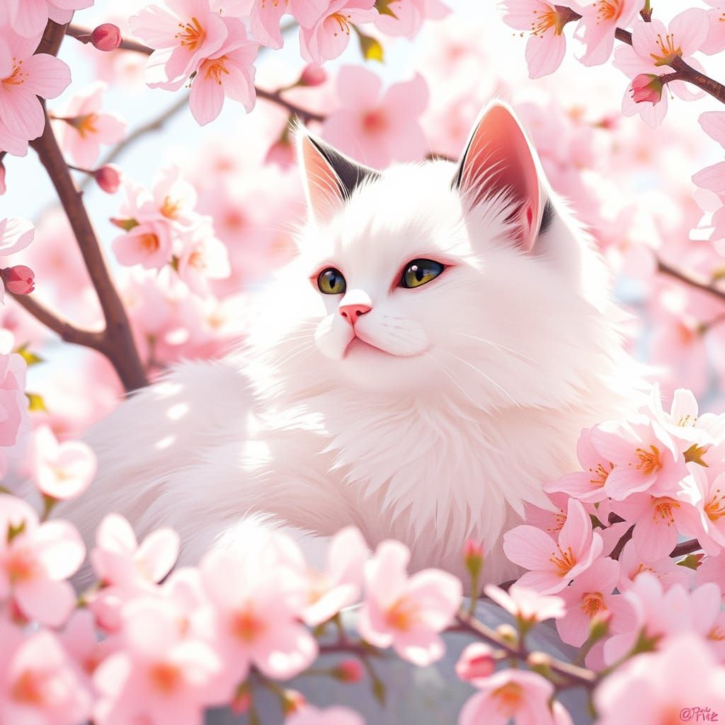 Fluffy Cat Basks in Cherry Blossom Wonderland