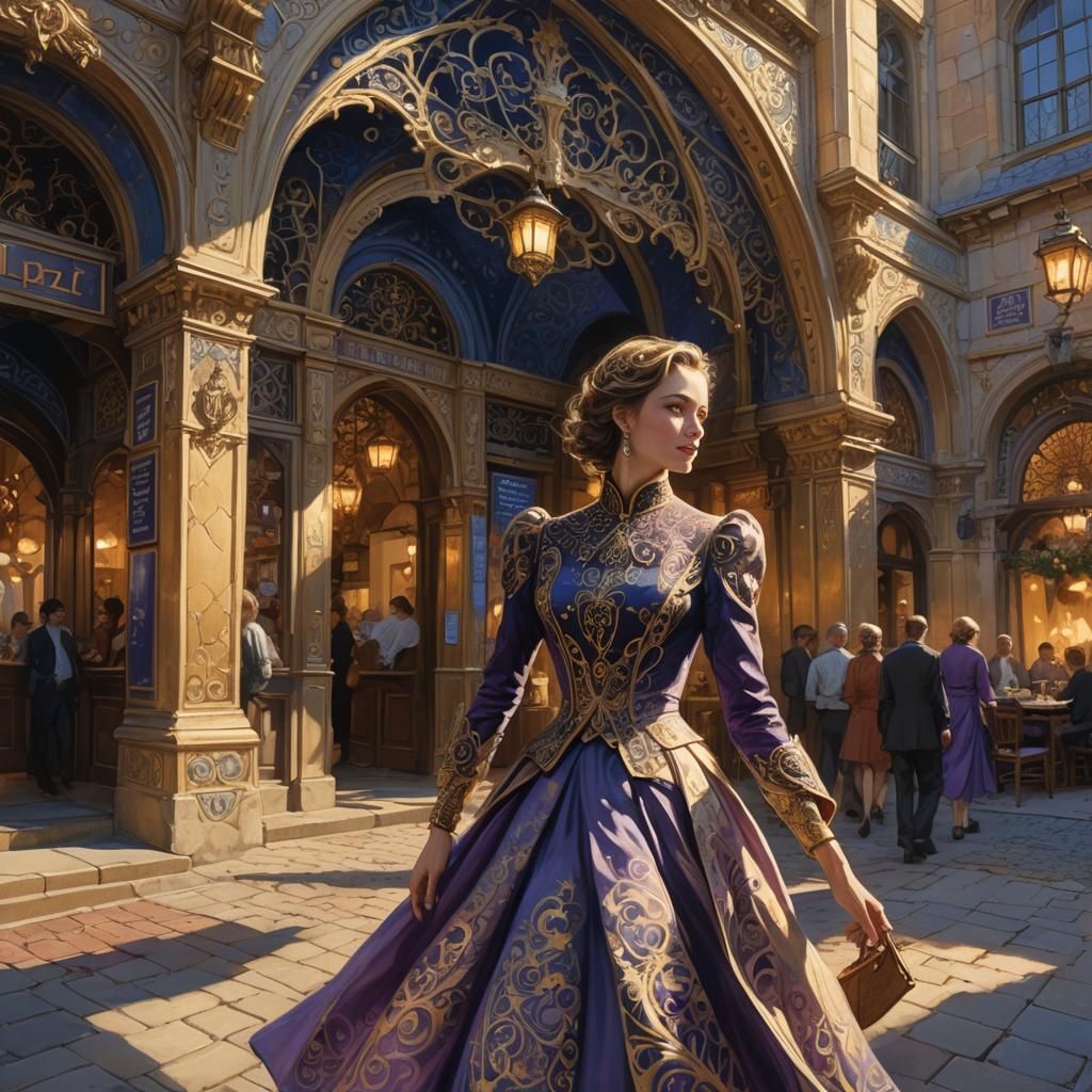 Elegant Lady Walks to Restaurant in Art Nouveau Style