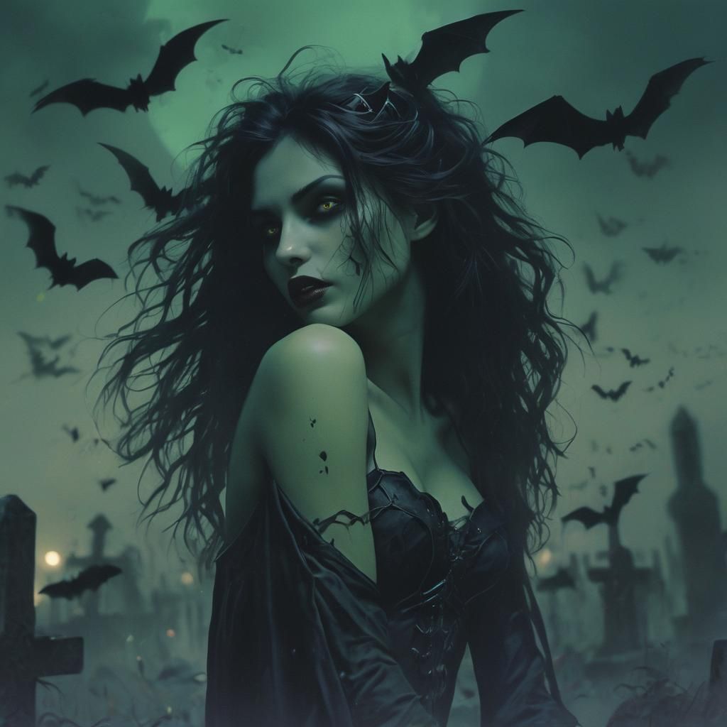 Eerie Vampire in Misty Cemetery, Gothic Art