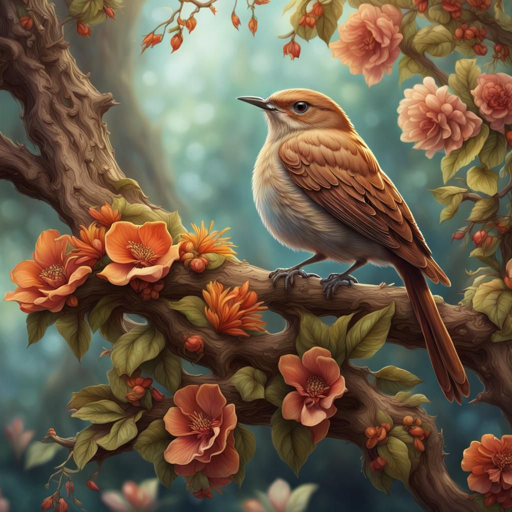 Nightingale in Floral Splendor: Detailed Matte Painting
