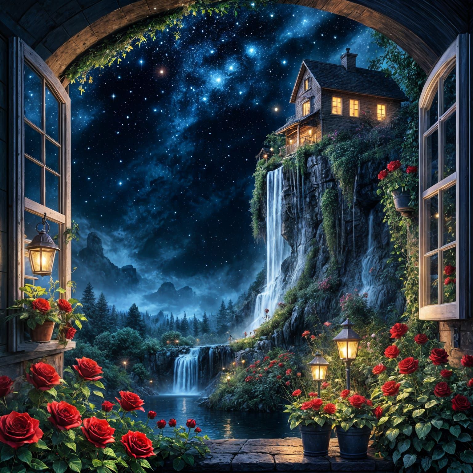 Enchanted Waterfall Under Starry Night Sky