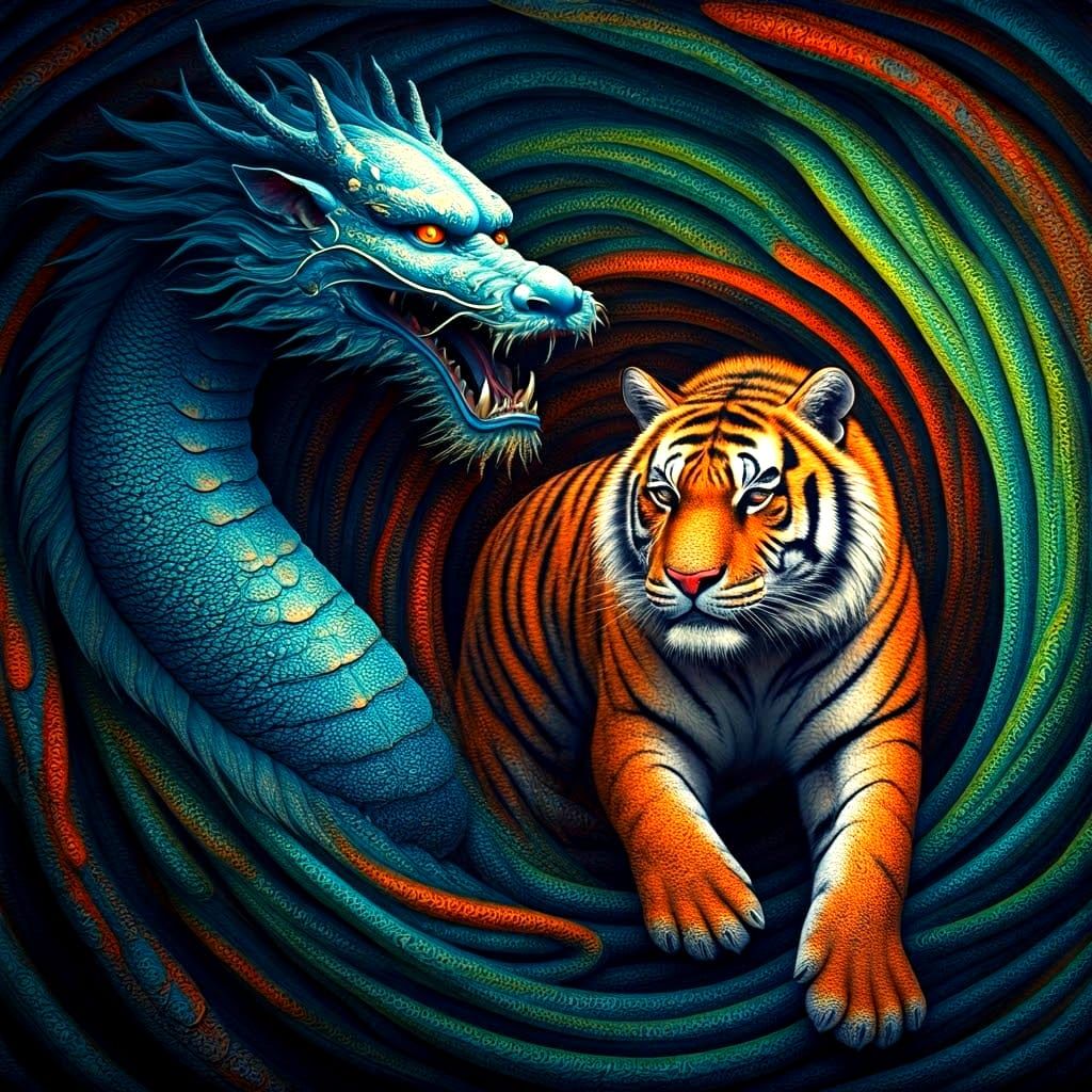 Dragon and Tiger in Pointillism Style