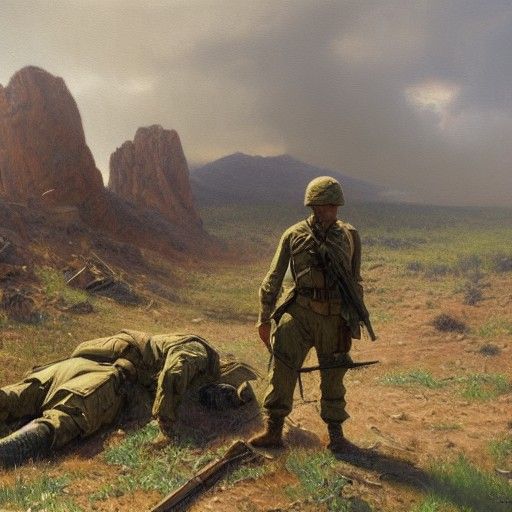 Soldier Over Fallen Army: Oil Painting