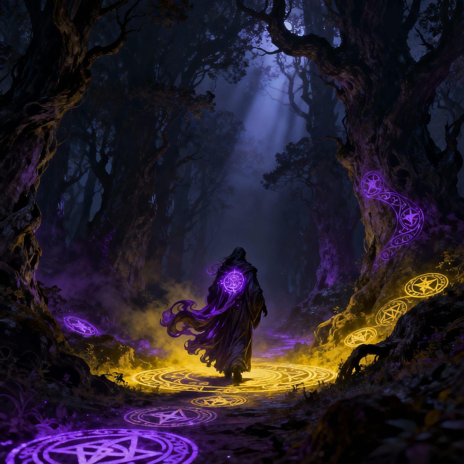 Dark Mage in Shadowy Forest with Magic Runes