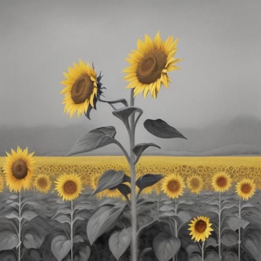 16k resolution, art by Claude Monet, Georgia O'Keeffe. Single bright yellow sunflower in a field of grayscale flowers, i...