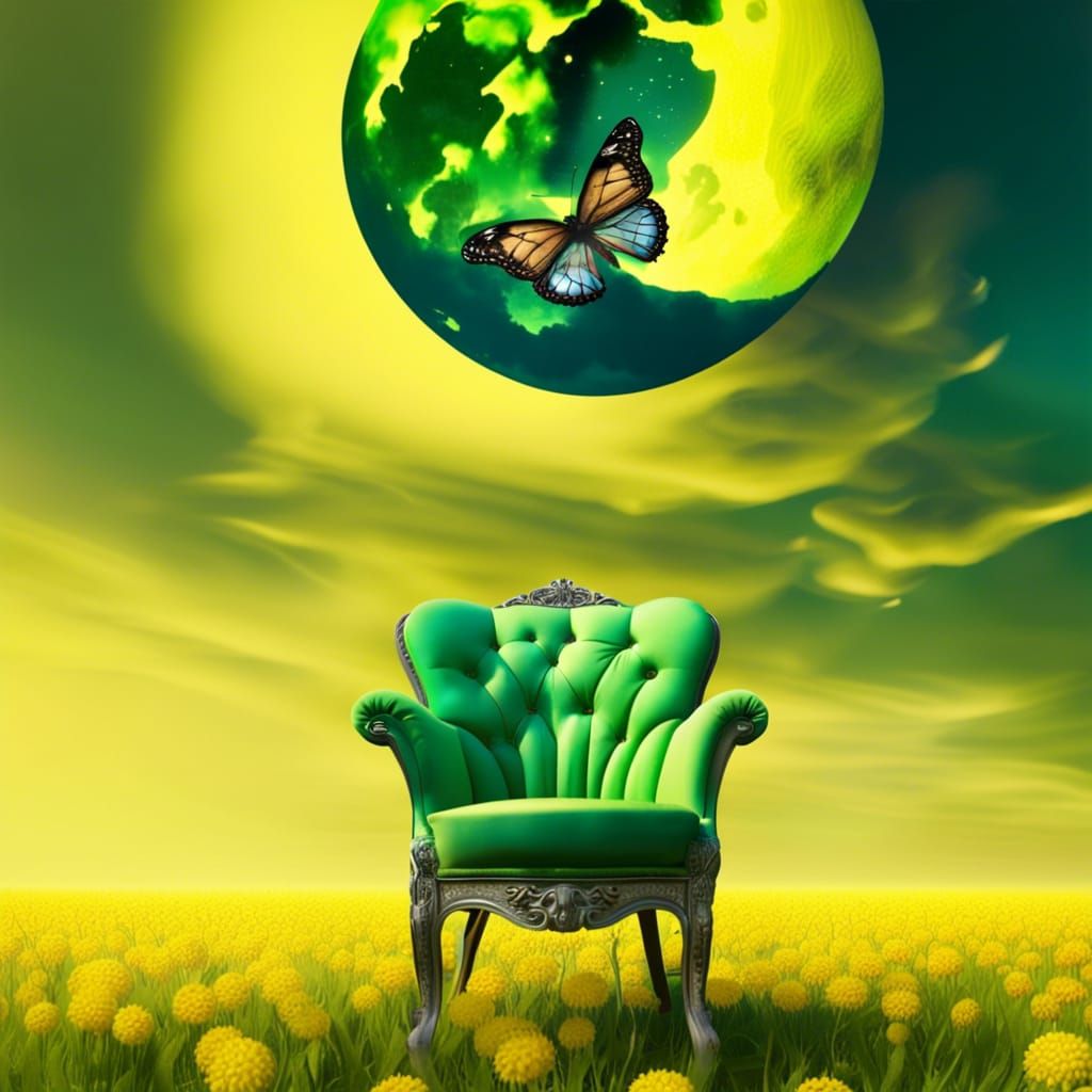 Green Chair and Butterfly in Dreamlike Landscape