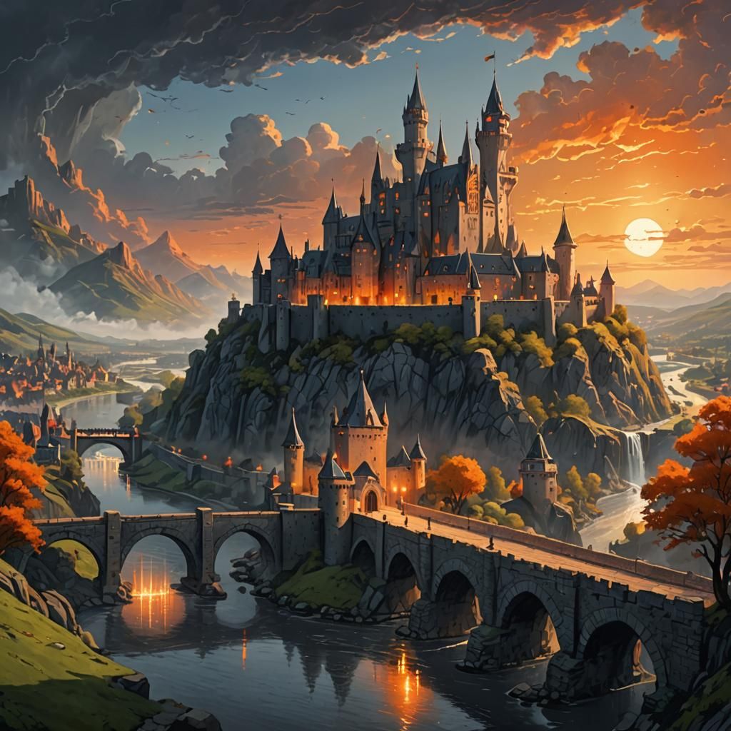 Fantasy Castle Landscape with Clock Tower