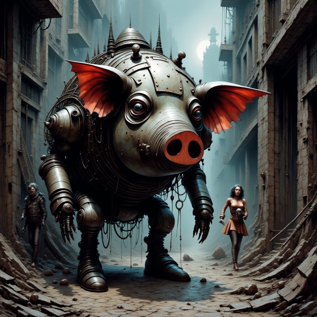 Steampunk Robot Pig in Grimy City Alley